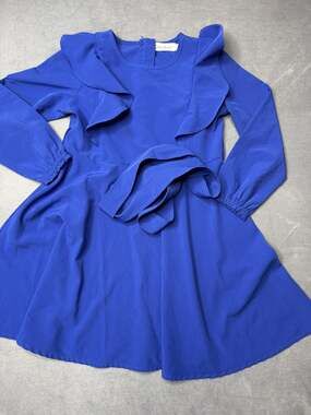 Quedoris Girls Ruffle Dress Classic Royal Blue Long Sleeve Fit Flare Size 120